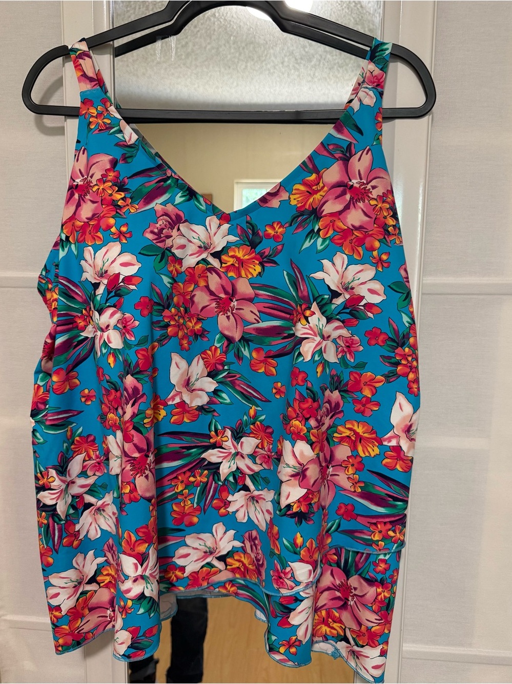 Lands End Turquoise Floral Tropical V-Neck Tankini Top Size XXL
